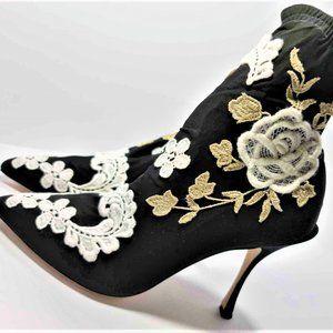 Dolce & Gabbana black stocking style heel with floral embroidery